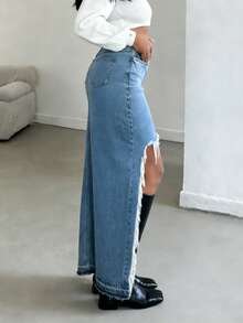 Women's High Slit Distressed Ripped Denim Maxi Skirt - Irregular Frayed Fringe Hem Pocketed Denim Skirt, Spring/Summer Daily Versatile Women's Clothing - Rửa trung bình - Xem 4