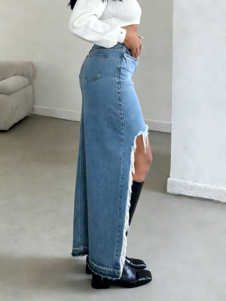Women's High Slit Distressed Ripped Denim Maxi Skirt - Irregular Frayed Fringe Hem Pocketed Denim Skirt, Spring/Summer Daily Versatile Women's Clothing - Rửa trung bình - Xem 4