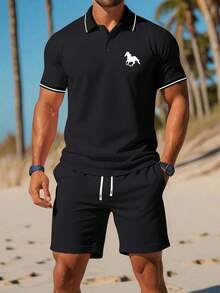 2pcs/Set Casual Polo Shirt Outfit, Short Sleeve T-Shirt With Polo Collar & Printed Pattern, Drawstring Waist Shorts, Suitable For Summer Sports, Beach, Outdoor - Black - View 1