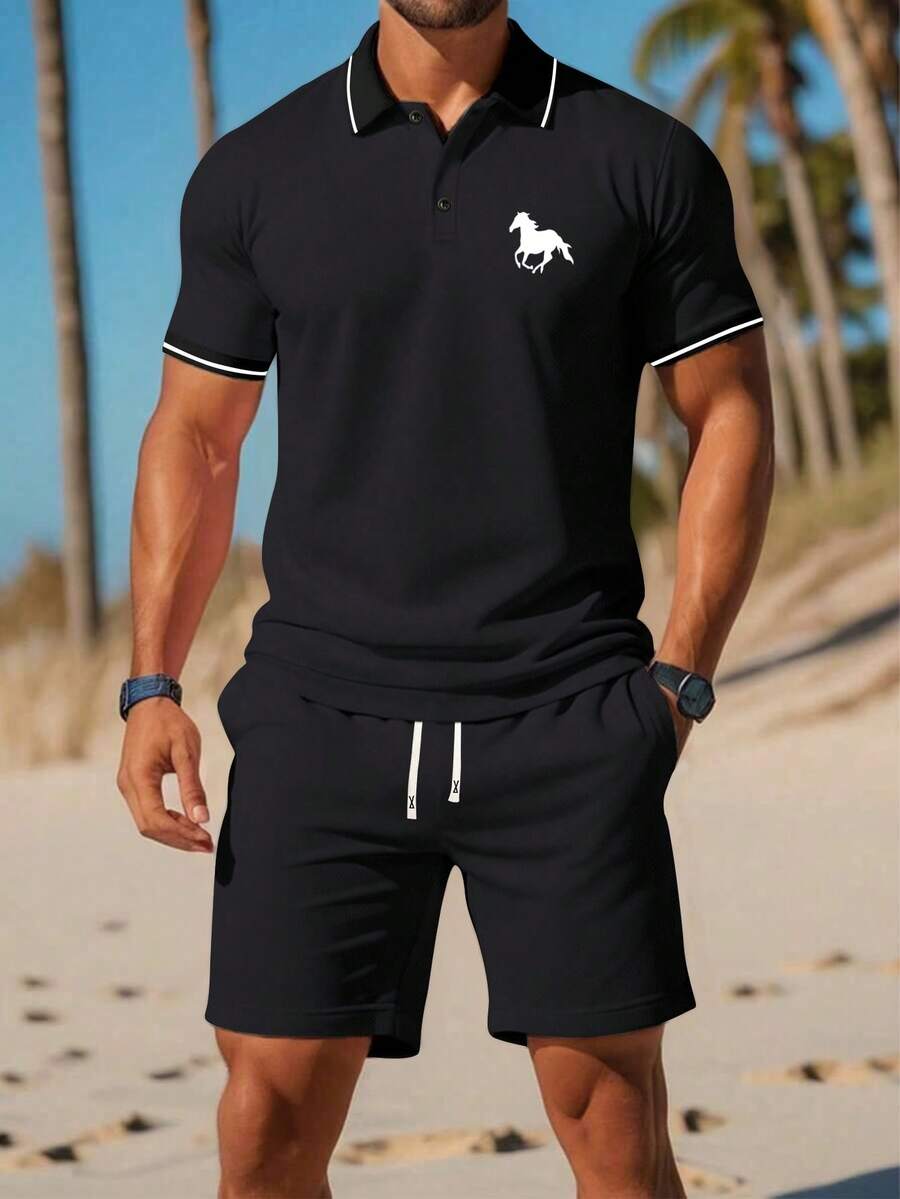 2pcs/Set Casual Polo Shirt Outfit, Short Sleeve T-Shirt With Polo Collar & Printed Pattern, Drawstring Waist Shorts, Suitable For Summer Sports, Beach, Outdoor - Black - View 1