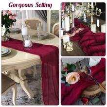 1 pièce Chemin de table rétro en polyester, 88,9 x 400 cm, décoration de table à manger bohème, mariage, enterrement de vie de jeune fille, décoration de table de fête - Rouge foncé - Voir 6