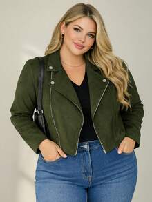 Stylish Plus Size Women's Suede Jacket With Buttons And Zipper, Silver, Comfortable Style, Casual Winter Jacket With Zipper. - 軍綠色 - 查看 4
