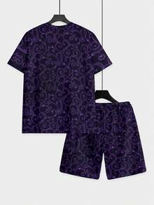 2-Piece Minimalist Elegant Knit Fabric Set, Soft & Delicate, For Men's Casual Strolls, Summer Light Purple Full-Print Subtle Pattern Short Sleeve & Beach Shorts Set - 彩色 - 查看 5
