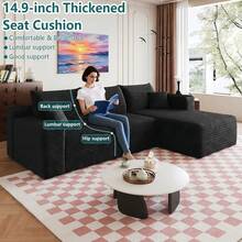 No Assembly 95" L Shaped Cloud Sectional Sofa Plush Corduroy Deep Seat Upholstered Corner Couch For Living Room - Màu đen ở bên phải - Xem 2