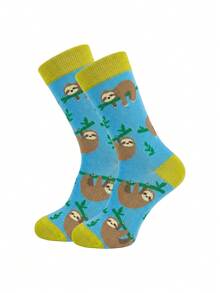 1双蓝色懒惰卡通树懒图案男士中筒袜。采用柔软弹性面料制成，适合夏季休闲穿着。可爱袜子，趣味配饰，梦幻设计，舒适贴合，俏皮风格。 - 彩色 - 查看 9
