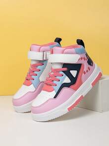 1双女童时尚高帮滑板鞋，舒适耐穿，方便的魔术贴搭扣，撞色拼接粉色可爱鞋款，适合上学、运动、室内外玩耍 - 粉色 - 查看 6