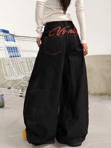 1pc Women's Vintage Street-Style Embroidered Curved Knife Loose Wide-Leg Jeans, Versatile For All Seasons (This Product Does Not Include Belt/Accessories) Spring Casual Black - Black - View 2