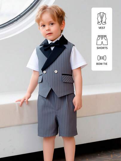 3pcs/Set Boys' Children Formal Outfit, Vest + Shorts + Matching Bow Tie, Suitable For Wedding Pageboy, School, Holiday Events