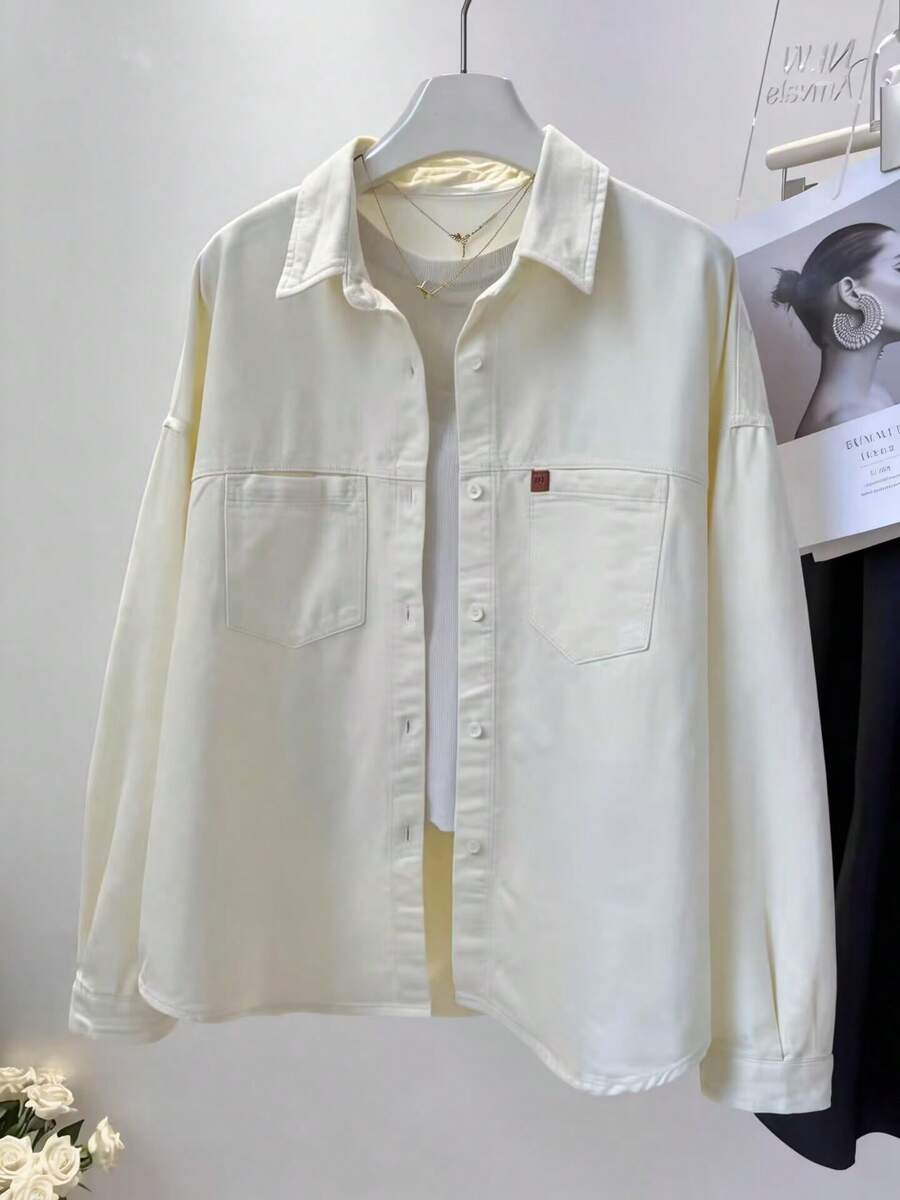 Women's Solid Color Front Button Pocket Casual Shirt Spring - Apricot - View 1