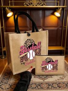 棒球妈妈生活帆布手提袋套装，零钱包，信件袋，拉链袋，个性化礼品套装，卡通趣味多功能手提袋，黄色亚麻黑色手提袋配黑色搭扣，购物袋，化妆袋，收纳袋 - 彩色 - 查看 3