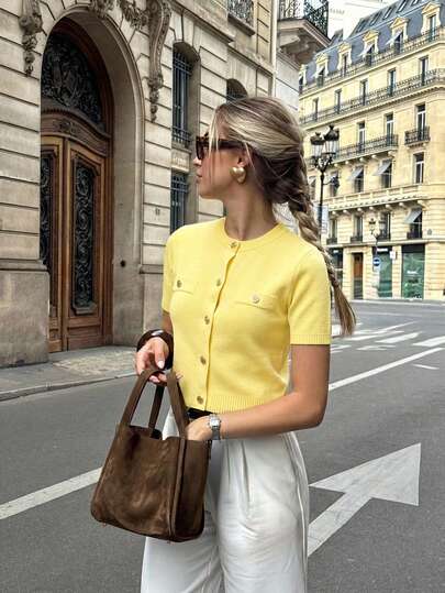 Cárdigan corto de punto amarillo con botones dorados para mujer, jersey de manga corta de cuello redondo para atuendos de primavera, estilo colegial de ajuste regular para verano