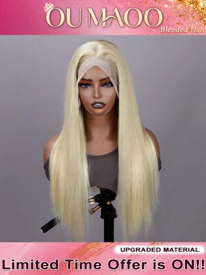 34英寸直发假发，真人发混纺 - 13x6、13x4、5x5高清透明蕾丝前额真人发混纺，200%密度，预先拔毛，无需胶水，613号色，无需胶水，即戴即用，打造时尚自然造型