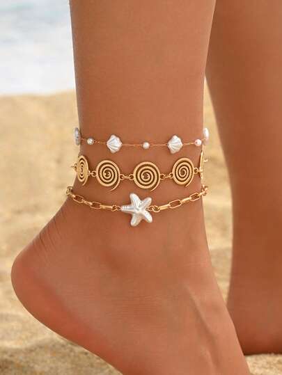3件套夏季时尚仿珍珠海星金色手工链脚链套装，适合日常、度假、海滩旅行、拍照装饰。手工链长和珠子数量均可调节。