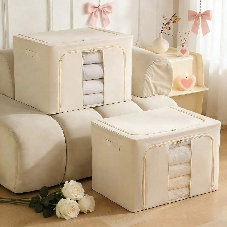1pc Large Capacity Fabric Storage Box, Multi-Functional Foldable Clothes Storage Bin With Zipper & Transparent Window, Dustproof & Moisture-Proof Wardrobe Organizer Box With Dual Handles & Bidirectional Zipper, Built-In Steel Frame For Sturdiness, Suitable For Clothes, Room, Wardrobe, Dorm, Holiday Storage
