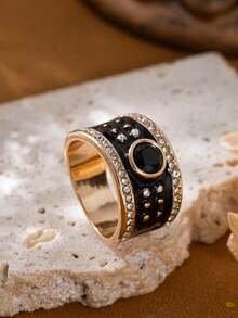 1枚男士时尚奢华复古个性化黑色锆石戒指，婚礼订婚派对珠宝礼物 - 金色 - 查看 8