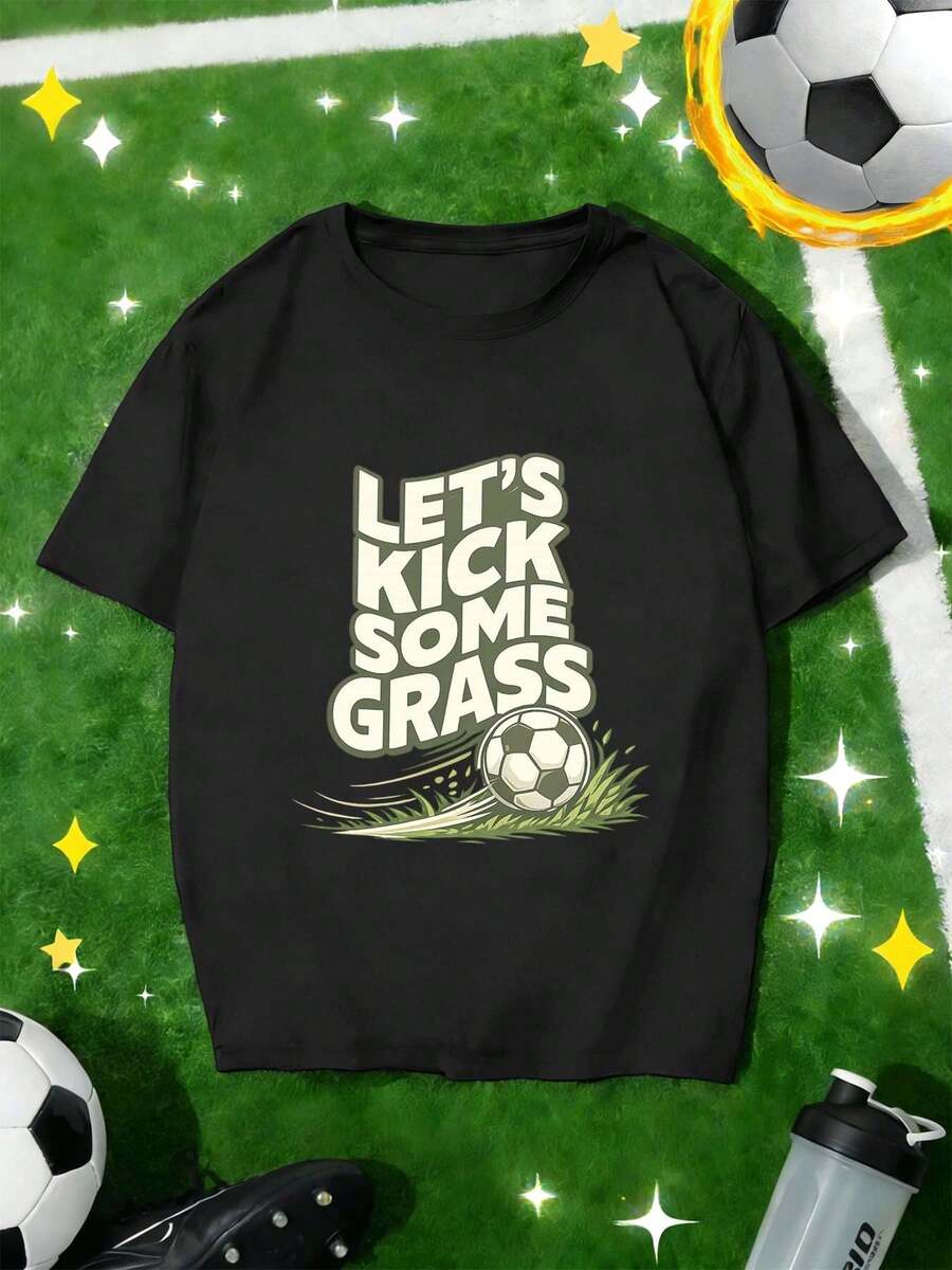 Kick Some Grass Football Graphic T-Shirt, Premium Cotton, Loose Fit, Breathable, Casual, Unique Graphic Print - 黑色 - 查看 1