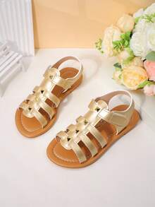 Sandalias romanas doradas para niñas - Moda de verano, versátil y casual, sandalias planas, zapatos cómodos para vacaciones en la playa - Dorado - Ver 9