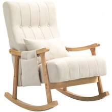 Upholstered Rocking Chair With Lumbar Cushion, Side Pocket, Reclining, Wooden Frame, Linen Look, Beige, Ideal For The Living Room Or Bedroom. - White - View 1