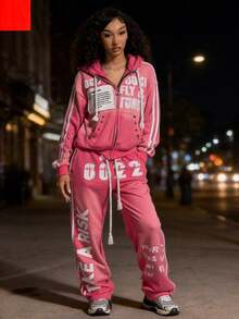 Two Piece Set Women Hip Hop Loose Streetwear Set Women Hooded Sweatshirt Long Pants Casual Outfit - quần màu hồng - Xem 3