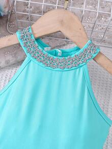 Mono de color degradado con cuello halter para niñas, con falda de tul en el bajo, estilo princesa para actuaciones, primavera/verano - Verde - Ver 3
