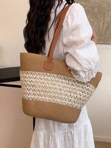 1pc Large Capacity Casual Patchwork Straw Tote Bag, Portable Shoulder Handbag Suitable For Beach, Vacation, Travel, Great Gift For Family, Friends, Loved Ones - Multicolor - View 12