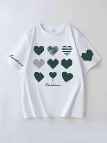 Stylish Women's T-Shirt With Heart & Slogan Design - Casual Knit - White With Green Hearts, Perfect For Spring/Summer/Fall - White - View 2