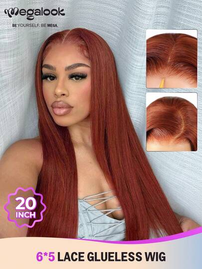 MEGALOOK 20英寸红棕色100%真人发丝柔顺直发假发，带抽绳帽 - 6x5预剪蕾丝预拔毛自然发际线透明蕾丝闭合假发，180%密度，#33红色假发 - 适合新手，外观自然，日常佩戴，可打造办公室、僵尸新娘、万圣节派对、Y2K风格、度假装扮、户外角色扮演、校园、学校假期、圣诞节派对、婚礼、节日等各种造型，适合女性佩戴。