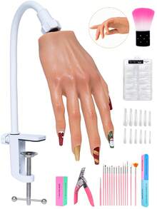 Veikmv 亚克力美甲练习手，逼真硅胶模型手，手指灵活，适用于亚克力美甲、凝胶美甲练习，包含完整的美甲入门套装，含美甲刷和指甲锉。 - 米色 - 查看 2
