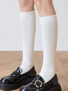 Solid Simple Stretchy Over The Calf Socks, Cozy - White - View 5