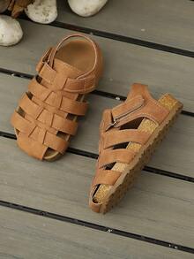 Kids' Solid Color Woven Non-Slip Soft Bottom Hook And Loop Retro Fashion Sandals, Suitable For Beach Play In Summer - Brown - View 2