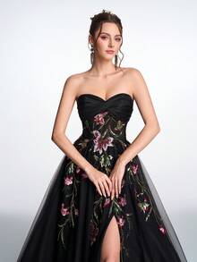 Elisanya Anymoon Elegant Black Floral Sequins Bead Embellished Structured Satin Strapless Lace-Up Back Slit Ball Gown For Wedding Receptions, Red Carpet Events, Company Parties, Prom, Ramadan Celebrations Party - Black - View 6