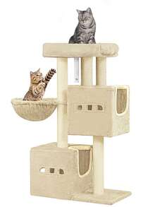 HaluPeit 98 Cm Scratching Post, Cat Tree, Small Scratching Post, Multi-Storey Scratching Post With Perch, Cat House Furniture With 2 Caves, Sisal Cat Scratching Post, Hammock, Cave - 米色 - 查看 6