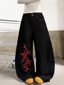 1pc Women's Vintage Street-Style Embroidered Curved Knife Loose Wide-Leg Jeans, Versatile For All Seasons (This Product Does Not Include Belt/Accessories) Spring Casual Black - Black - View 9