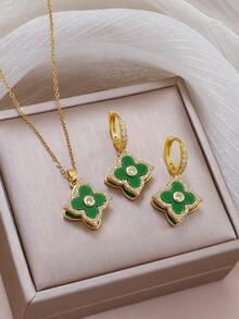 Stainless Steel & Zirconia Rotating Green Four-Leaf Clover Necklace & Earrings Set, Versatile Niche Jewelry - Multicolor - View 5