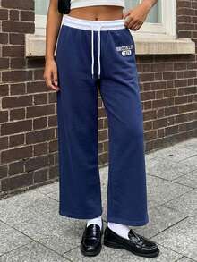 Women's Baggy Sweatpants Stylish Letter Print Mid Rise Wide Leg Drawstring Trousers For Fall And Winter - Azul Marino - Ver 4