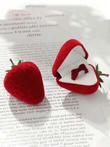 Strawberry-Shaped Ring Box With Soft Cushioning Interior & Realistic Leafy Stem - Elegant Red & White Contemporary Jewelry Storage Case For Wedding Bands, Engagement Rings, Valentine's Gift - Synthetic Faux Leather-Like Material, Compact Proposal Box For Couples, Girlfriend, Boyfriend - Multicolor - View 6