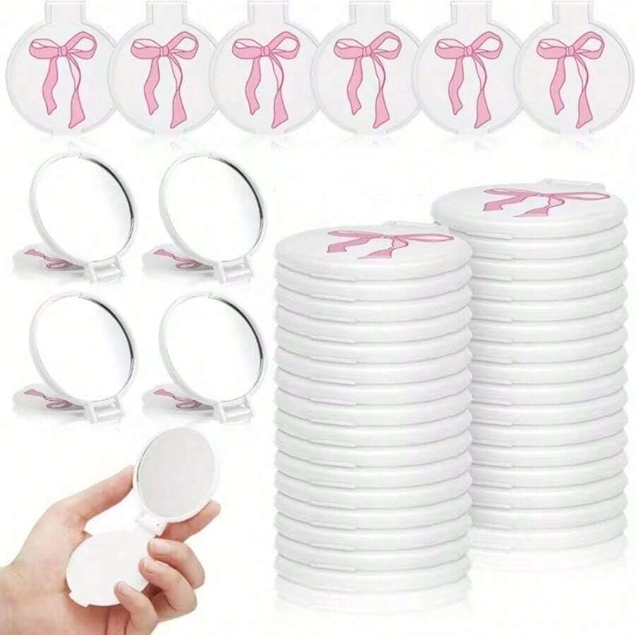 1/2/6/10/20/30/50/80pcs Pink Bow Portable Folding Makeup Mirror Set. Features Foldable Glass Surface. Ideal As Round Pocket Mirror, Perfect For Parties Or As A Thoughtful Gift - A - View 1