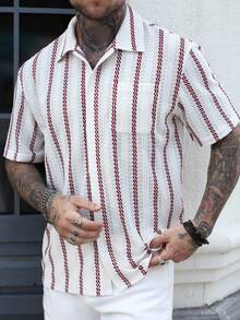 Men's Striped Short Sleeve Single-Breasted Pocket Textured Casual Shirt - Red and White - View 5