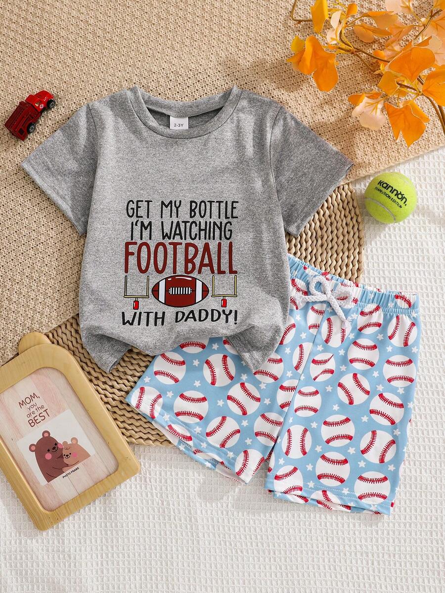 Conjunto de verano de manga corta con top con estampado de béisbol y shorts a juego, perfecto para actividades al aire libre - Gris - Ver 1