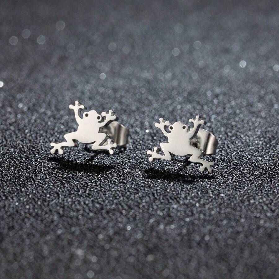 1Pair Frog Earrings ,Punk Stainless Steel Little Frog Stud Earrings For Women , Ladies' Cute Style, Fashionable Small Animal Earrings - GED487 - View 1
