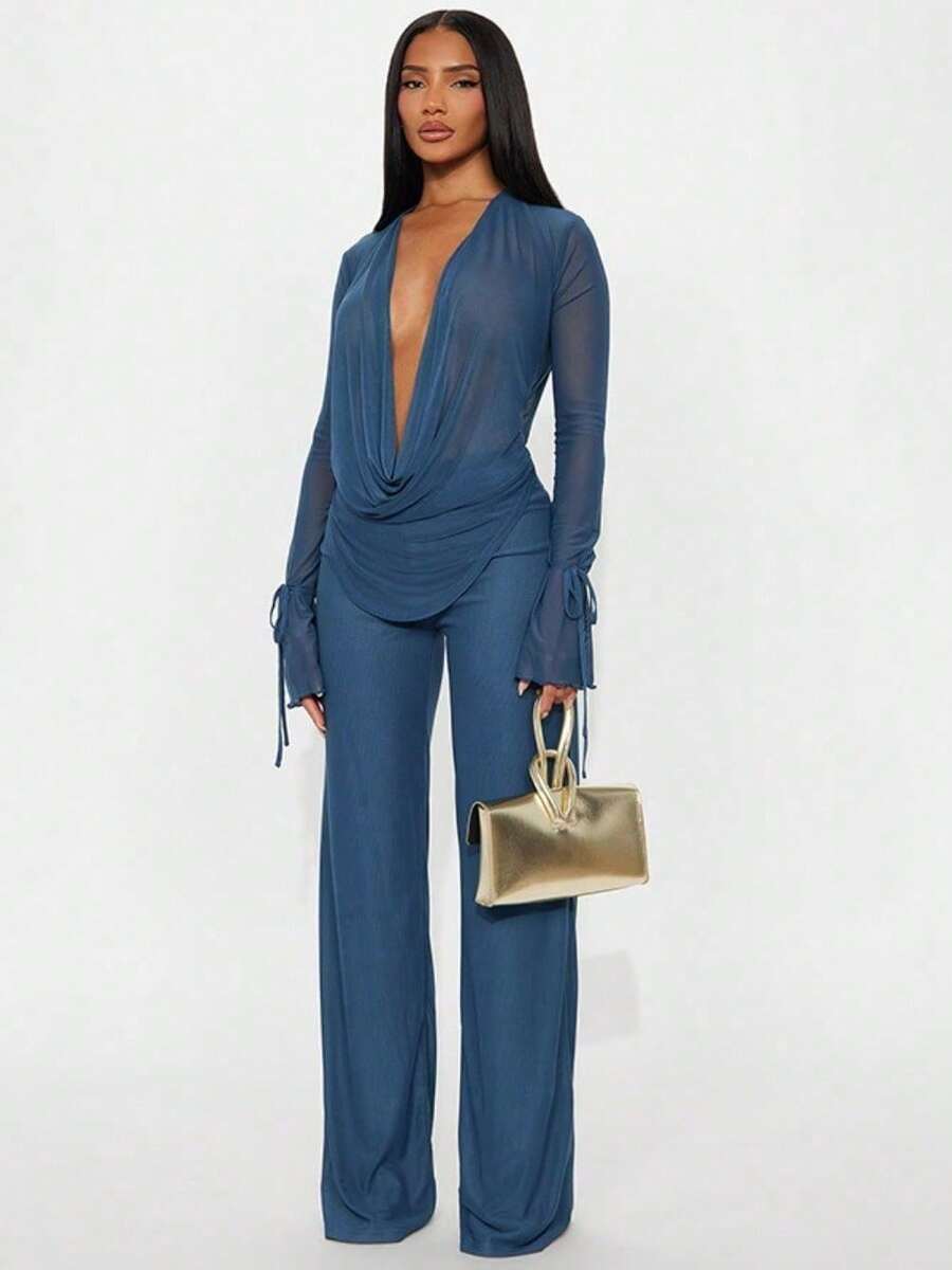 2026 New Women's Fashion Sexy Mesh Swinging Neck Strap Long Sleeve Top Slim Pants Set - Màu xanh lam - Xem 1