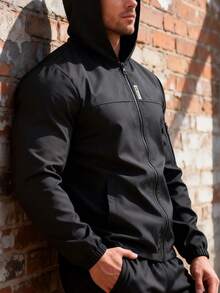 1pc Casual Sports Hooded Jacket, Zipper Closure, Regular Fit, Suitable For Hiking, Running, Outdoor Activities, Father''s Day - Black - View 5