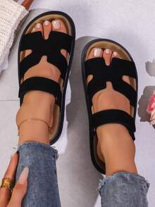 Sandalias planas cómodas con suela gruesa y punta abierta para mujer, zapatos básicos de uso diario, casual y para vacaciones en la playa - Negro - Ver 2