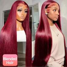 99J Wine Red Synthetic Silky Straight 13x4 Lace Front Wig, Glueless & Hairline, Heat Resistant Fiber, Suitable For Daily & Party Styling, High Density Hair, Elegant Hair Accessory, Silky Texture - S99J - View 1
