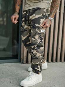 男士休闲抽绳迷彩慢跑裤，适合日常穿着，春秋季时尚工装裤 - 卡其色 - 查看 1