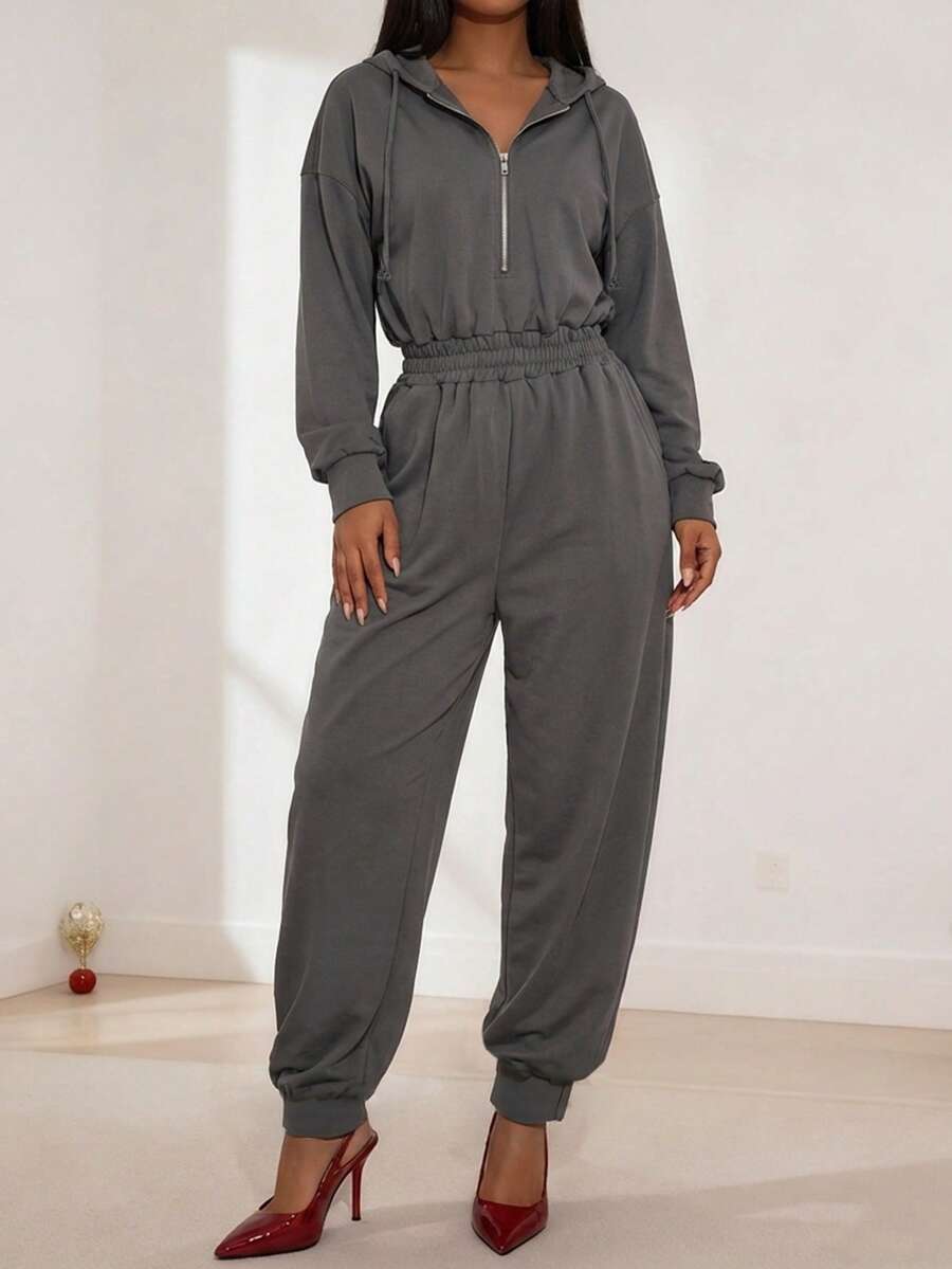 Women's Solid-Color Casual Jumpsuit With Hood, Drawstring Design, Zippered Pockets, And Long Sleeves Spring - Dark Grey - View 1