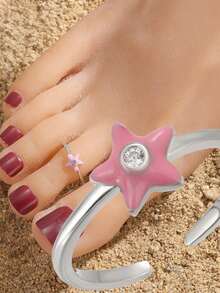 GAGAFEEL 1 S925 Sterling Silver Pink Star Summer Beach Foot Ring Pink Drip Glue Women's Open Foot Holiday Daily Outfit - Silver - View 1