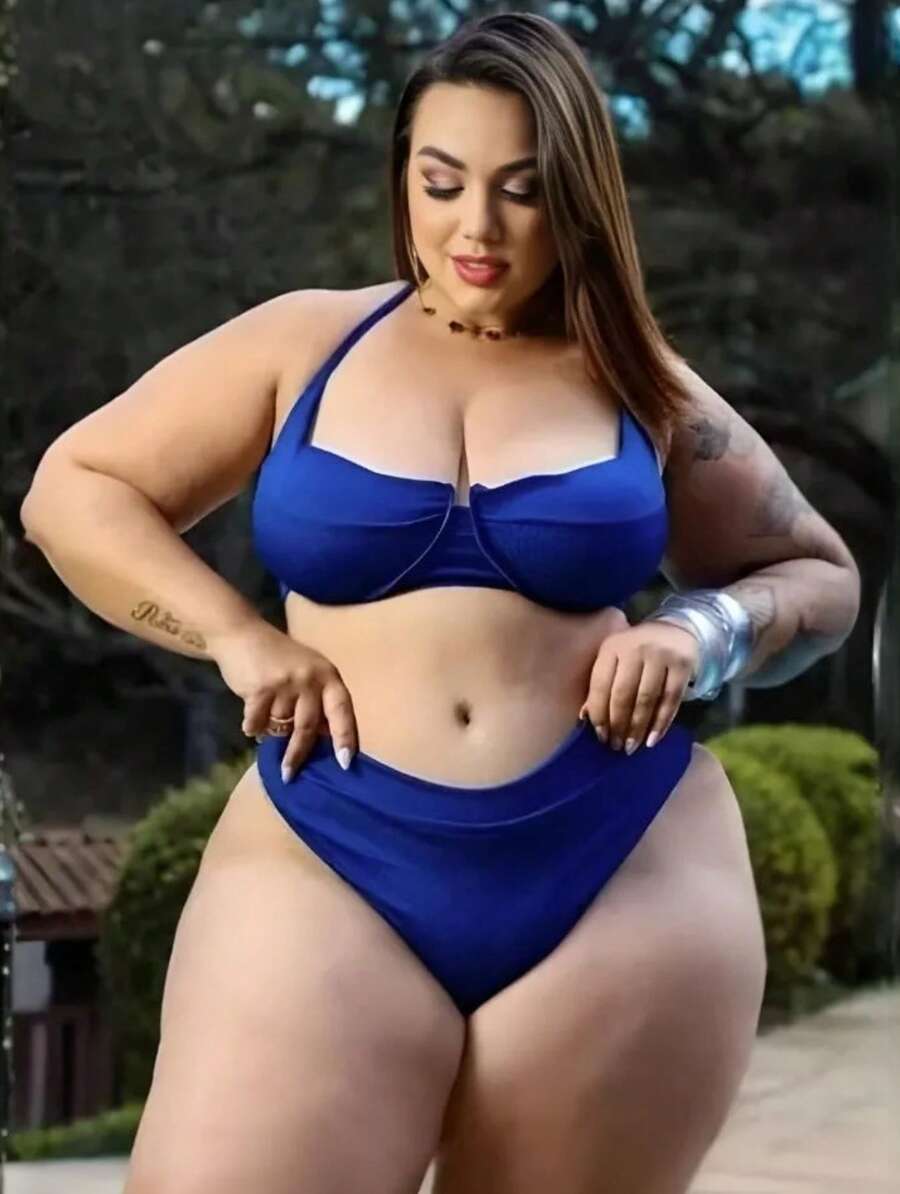 Plus Size Half Cup Bikini Set With High Waist And Adjustable Ties - Ana Ruga Women's - Màu xanh lam - Xem 1