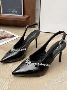 Zapatos de tacón alto y puntiagudos sexy, sandalias con tiras de strass plateadas y sin talón, elegantes tacones de estilo francés de punta abierta para primavera y verano (corren un poco pequeños) - Negro - Ver 3