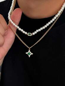 2pcs Fashion Casual Minimalist Star Rhinestone Pendant Necklace, Faux Pearl Layered Necklace, Unisex Sweater Chain, Luxury Niche Design Hipster Couple Choker Necklace - Star - View 1